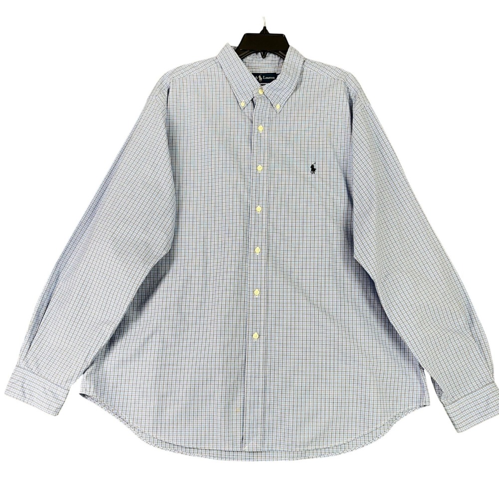 Ralph‎ Lauren Button Down Shirt Mens XXL Blue Plaid Classic Fit Long Sleeve